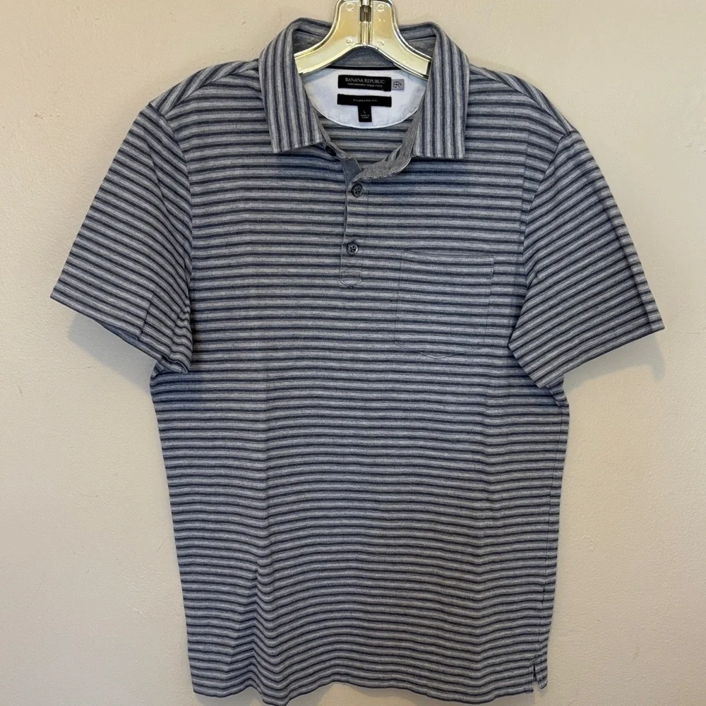 Banana Republic Men's Polo Shirt - Gray and Black Stripes